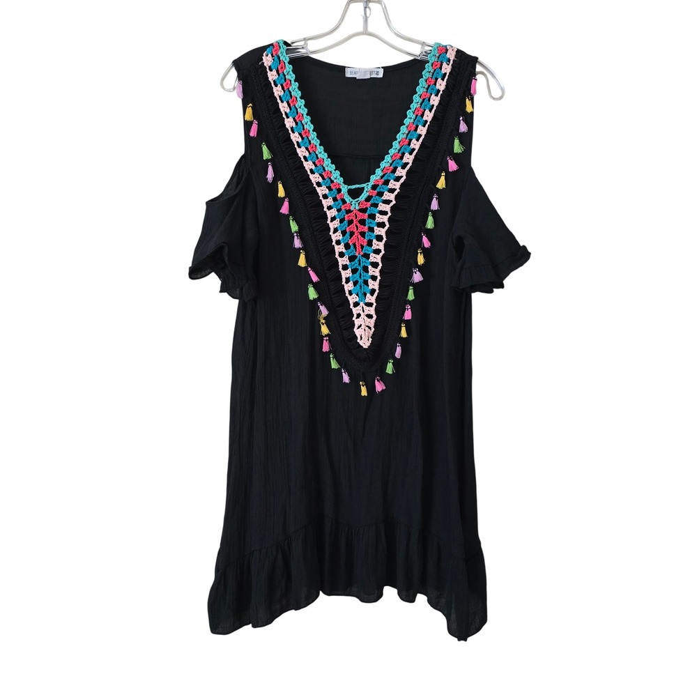 Beach by Exist Black Cold Shoulder Crochet Tassel Cover Up Dress S/M